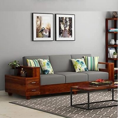 Solid Sheesham Wood 3 Seater Sofa for Living Room Bedroom Home with 2 Drawers (Teak Finish)
