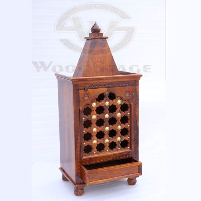 Solid Wood Pooja Mandir with Single Door and 1 Drawer in Natural Honey Finish