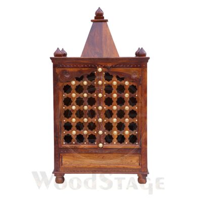 Solid Sheesham Wood Pooja Temple with Double Door & Drawer (Natural Honey Finish)