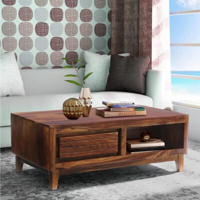 Solid Sheesham Wood Center Coffee/Tea Table with Darawer (Provincial Teak Finish)