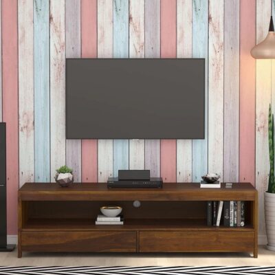 Solid Sheesham Wood Tv Unit Cabinet with Drawers for Home Living Room (Provincial Teak)