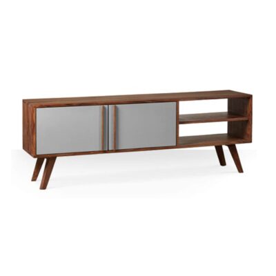 Solid Sheesham Wood Tv Unit with 2 Cabinet in Natural Finish