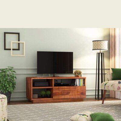 Solid Sheesham Wood Tv Unit Cabinet with Drawer in Honey Finish