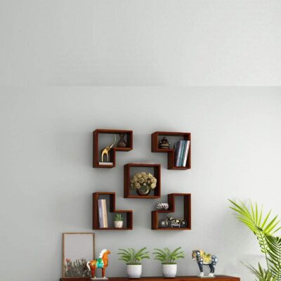Solid Sheesham Wood Wall Mounted Shelf Rack for Home – Honey Finish