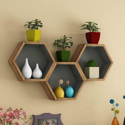Solid Mango Wood Hexagonal Floating Wall Mounted Shelf in Natural Finish