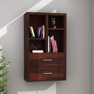 Solid Sheesham Wood Floating Wall Mounted Shelf Rack with Drawer in Walnut Finish