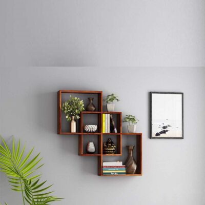 Sheesham Wood Floating Wall Mounted Shelf Rack Set of 3 Shelves for Home Living Room (Teak Finish)