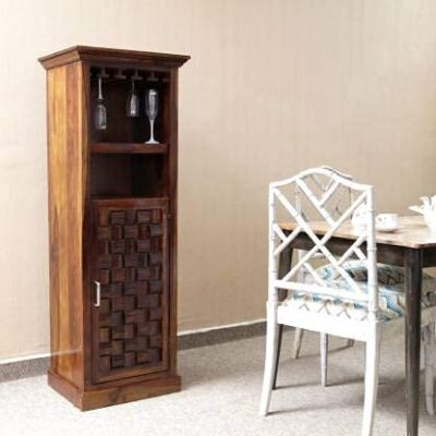 Solid Sheesham Wood Bar Cabinet with Drawer for Home & Living Room (Teak Finish)