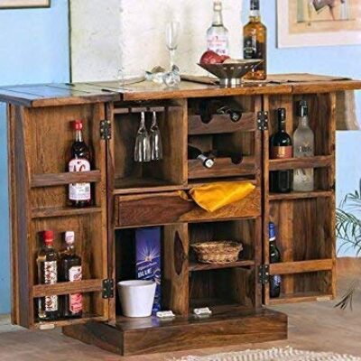 Solid Sheesham Wood Bar Cabinet with Wine Glass Storage for Home in Honey Finish