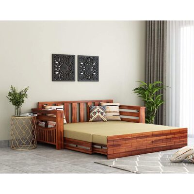 Solid Sheesham Wood 3 Seater Sofa Cum Bed with Arm and Side Pocket for Bedroom Living Room Home (Teak Finish)