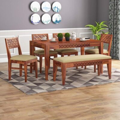 Solid Sheesham Wood 6 Seater Dining Table Set with 4 Cushion Chairs (Honey Finish)