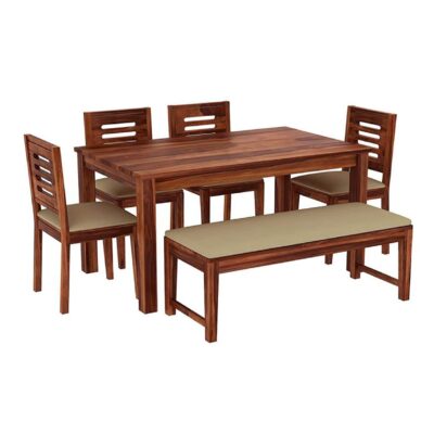 Solid Sheesham Wood Rectangle Dining Table Set 6 Seater with 4 Cushion Chairs in Honey Finish