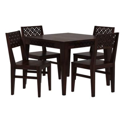 Sheesham Wood Square 4 Seater Dining Table Set with 4 Cushion Chairs in Walnut Finish