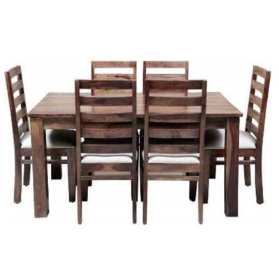 Solid Sheesham Wood 6 Seater Dining Table Set with 6 Cushion Chairs in Brown Finish