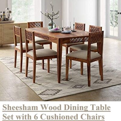 Sheesham Wood Dining Table Set with 6 Cushioned Chairs (Brown Finish)