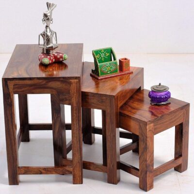 Sheesham Wood Nesting Tables Set of 3 Stools for Living Room in Honey Finish