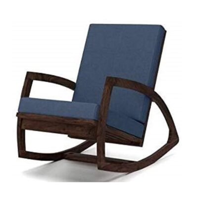 Sheesham Wood Rocking Chair with Blue Cushions for Living Room (Walnut Finish)