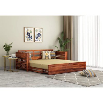 Sheesham Wood 3 Seater Sofa Cum Bed with Side Pocket  for Home Living Room Bedroom – Honey Finish