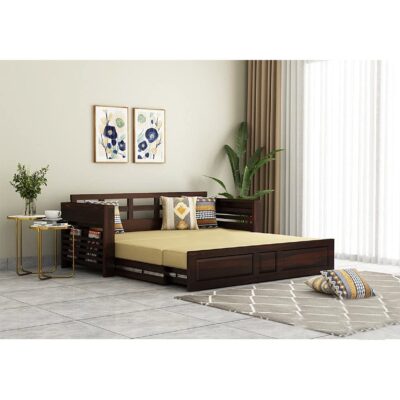 Sheesham Wood Sofa Cum Bed with Side Pocket for Home Living Room Bedroom – Walnut Finish