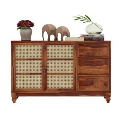 Solid Sheesham Wood Chest of Drawers with Cabinet (Teak Finish)