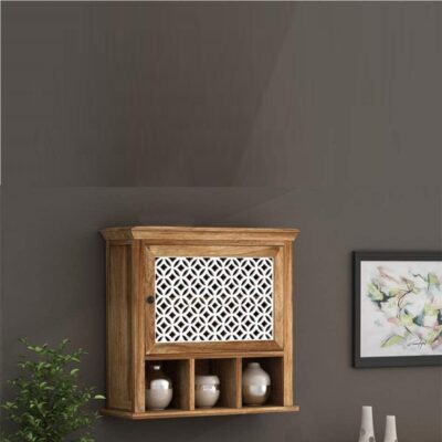 Solid Wood Wall Mounted Shelf Rack with Cabinet for Home – Natural Finish