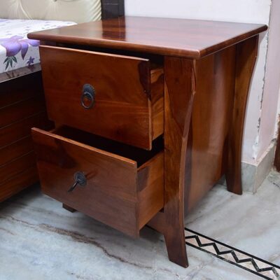 Solid Sheesham Wood Bedside End Table with 2 Drawers in Honey Finish