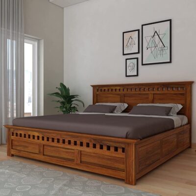 Solid Sheesham Wood King Size Bed with Box Storage For Living Room (Honey Finish)