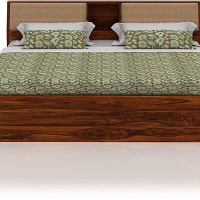 Solid Sheesham Wood Queen Size Bed with Box and Headboard Storage For Living Room (Brown Finish)