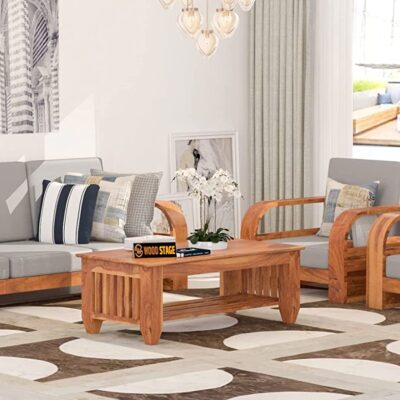 Solid Sheesham Wood 5 Seater Sofa Set with Coffee Table for Living Room (Honey Finish)