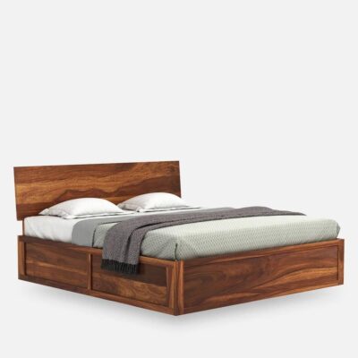 Solid Sheesham Wood Queen Size Bed with Box Storage For Living Room (Teak Finish)