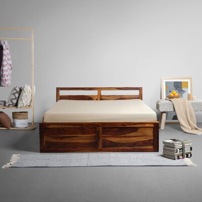 Solid Sheesham Wood Queen Size Bed with Box Storage For Living Room (Provencial Teak Finish)