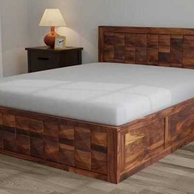 Solid Sheesham Wood Queen Size Bed with Hydraulic Storage For Living Room (Natural Finish)