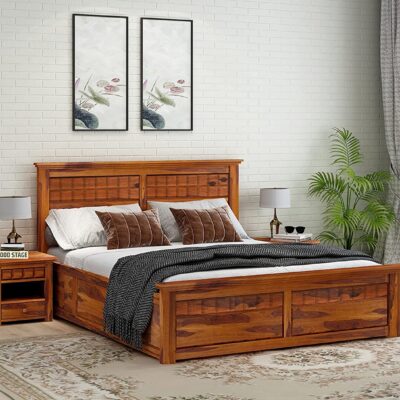 WOODSTAGE Sheesham Wood Queen Size Bed with Box Storage for Living Room and Hotels (Honey Finish)