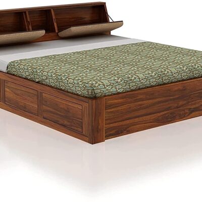 Solid Sheesham Wood King Size Bed with Headboard Storage For Living Room (Natural Finish)