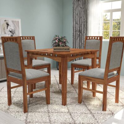 Sheesham Wood Dining Table Set with 4 Cushioned Chairs (Honey Finish)