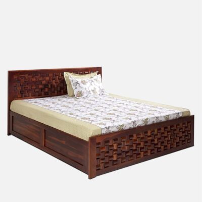 Solid Sheesham Wood Queen Size Bed with Hydraulic Storage For Living Room (Honey Finish)