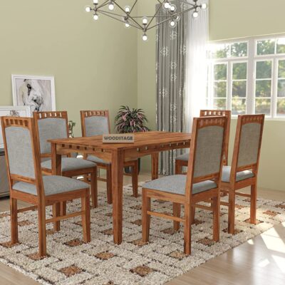 Sheesham Wood Dining Table Set with 6 Cushioned Chairs (Honey Finish)