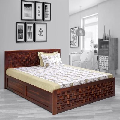 Solid Sheesham Wood King Size Double Bed with Hydraulic Storage for Bedoom (Honey Finish)