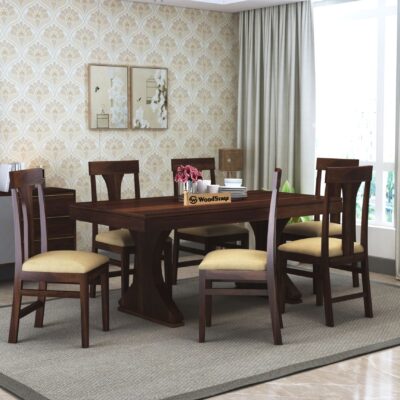 Solid Wood Dining Table 6 Seater with Cushion Chairs for Dining Room in Walnut Finish