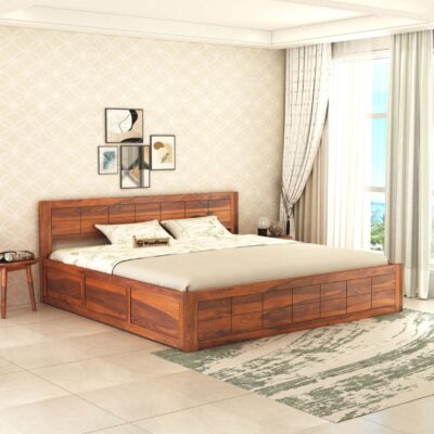 Solid Wood Queen Size Bed with Box Storage for Bedroom in Honey Finish