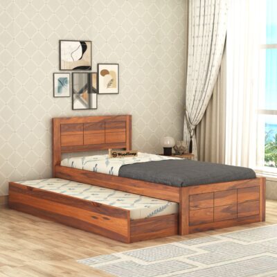 Sheesham Wood Single Trundle Bed with Extra Pullout Bed for Bedroom in Honey Finish