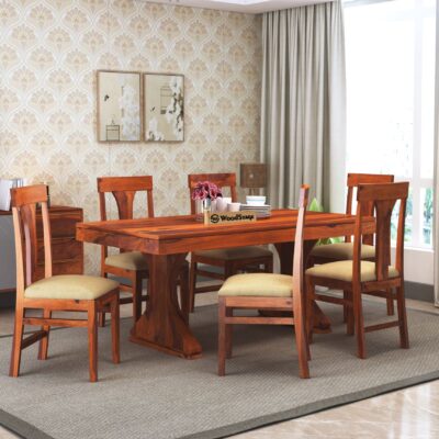 Wooden Dining Table 6 Seater with Cushion Chairs for Dining Room in Honey Finish