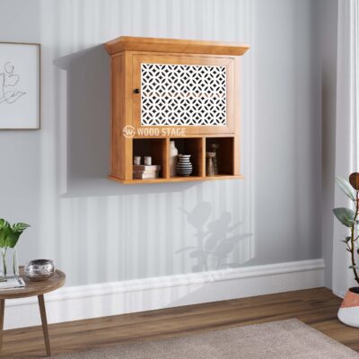 Wooden Wall Shelf with Cabinet Storage for Living Room & Kitchen in Natural Finish