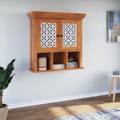 Solid Wood Wall Shelf with Cabinet Storage for Living Room & Kitchen in Natural Finish