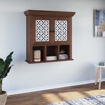 Wooden Wall Shelf with Cabinet Storage for Living Room & Kitchen in Walnut Finish