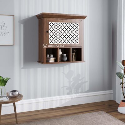 Solid Wood Wall Shelf with Cabinet Storage for Living Room & Kitchen in Walnut Finish